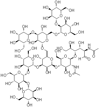 CAS # 77036-51-2, Man8b glycan, O-alpha-D-Mannopyranosyl-(1→3)-O-[O-alpha-D-mannopyranosyl-(1→2)-alpha-D-mannopyranosyl-(1→6)]-O-alpha-D-mannopyranosyl-(1→6)-O-[O-alpha-D-mannopyranosyl-(1→2)-O-alpha-D-mannopyranosyl-(1→2)-alpha-D-mannopyranosyl-(1→3)]-O-beta-D-mannopyranosyl-(1→4)-O-2-(acetylamino)-2-deoxy-beta-D-glucopyranosyl-(1→4)-2-(acetylamino)-2-deoxy-D-glucose