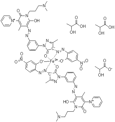 CAS # 79135-18-5, Bis[5'-[[3-[4,5-dihydro-4-[(2-hydroxy-4-nitrophenyl)azo]-3-methyl-5-oxo-1H-pyrazol-1-yl]phenyl]azo]-1'-[3-(dimethylamino)propyl]-1',2'-dihydro-6'-hydroxy-4'-methyl-2'-oxo-1,3'-bipyridiniumato]iron salt with 2-hydroxypropanoic acid (1:1) bis(2-hydroxypropanoate) (salt)
