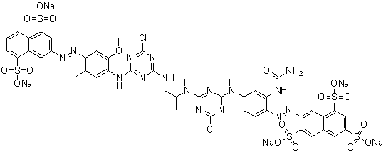 CAS 登录号：82522-68-7, 7-[[2-[(氨基羰基)氨基]-4-[[4-氯-6-[[2-[[4-氯-6-[[4-[(4,8-二磺基-2-萘基)偶氮]-2-甲氧基-5-甲基苯基]氨基]-1,3,5-三嗪-2-基]氨基]-1-甲基乙基]氨基]-1,3,5-三嗪-2-基]氨基]苯基]偶氮]-1,3,6-萘三磺酸五钠盐