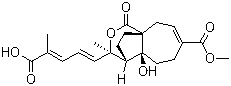 CAS # 82601-41-0, Pseudolaric acid C, Deacetylpseudolaric acid B, (3R,4R,4aS,9aR)-rel-3-[(1E,3E)-4-Carboxy-1,3-pentadienyl]-3,4,4a,5,6,9-hexahydro-4a-hydroxy-3-methyl-1-oxo-1H-4,9a-ethanocyclohepta[c]pyran-7-carboxylic acid 7-methyl ester