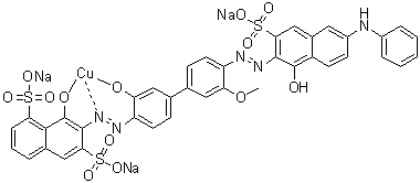 CAS # 83232-52-4, Trisodium [8-hydroxy-7-[[3-hydroxy-4'-[[1-hydroxy-6-(phenylamino)-3-sulfo-2-naphthalenyl]azo]-3'-methoxy[1,1'-biphenyl]-4-yl]azo]-1,6-naphthalenedisulfonato]cuprate