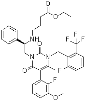 CAS # 832720-84-0, 4-[[(1R)-2-[5-(2-Fluoro-3-methoxyphenyl)-3-[[2-fluoro-6-(trifluoromethyl)phenyl]methyl]-3,6-dihydro-4-methyl-2,6-dioxo-1(2H)-pyrimidinyl]-1-phenylethyl]amino]butanoic acid ethyl ester