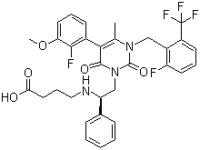 CAS 登录号：834153-87-6, 噁拉戈利, 4-[[(1R)-2-[5-(2-氟-3-甲氧基苯基)-3-[[2-氟-6-(三氟甲基)苯基]甲基]-3,6-二氢-4-甲基-2,6-二氧代-1(2H)-嘧啶基]-1-苯乙基]氨基]丁酸