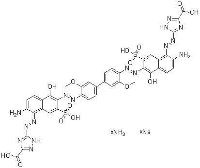 CAS # 83721-51-1, 5,5'-[(3,3'-Dimethoxy[1,1'-biphenyl]-4,4'-diyl)bis[azo(2-amino-5-hydroxy-7-sulfo-6,1-naphthalenediyl)azo]]bis-1H-1,2,4-triazole-3-carboxylic acid ammonium sodium salt