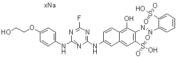 CAS 登录号：83763-59-1, 7-[[4-氟-6-[[4-(2-羟基乙氧基)苯基]氨基]-1,3,5-三嗪-2-基]氨基]-4-羟基-3-[(2-磺基苯基)偶氮]-2-萘磺酸钠盐