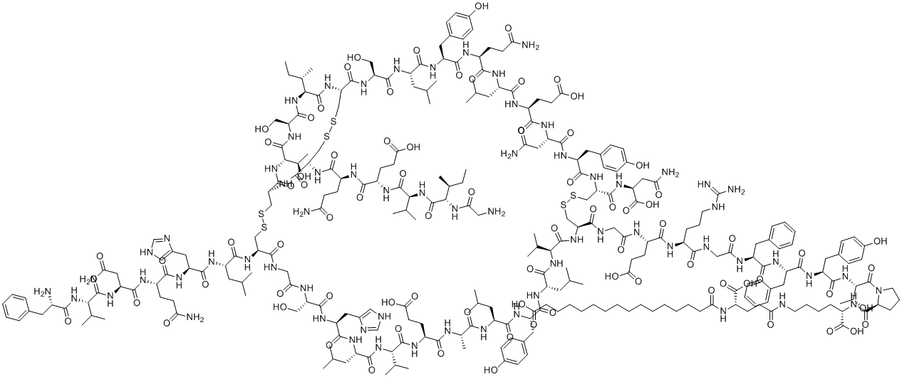 CAS # 844439-96-9, Insulin degludec, 16-[[(1S)-4-[[(5S)-5-[[(2S)-1-[(2S,3R)-2-[[(2S)-2-[[(2S)-2-[[(2S)-2-[[2-[[(2S)-2-[[(2S)-2-[[2-[[(1R,6R,12S,15S,18S,21S,24S,27S,30S,33S,36S,39S,42R,47R,50S,53S,56S,59S,62S,65S,68S,71S,74R,77S,80S,83S,88R)-88-[[(2S)-5-amino-2-[[(2S)-2-[[(2S)-2-[[(2S,3S)-2-[(2-aminoacetyl)amino]-3-methylpentanoyl]amino]-3-methylbutanoyl]amino]-4-carboxybutanoyl]amino]-5-oxopentanoyl]amino]-6-[[(2S)-2-[[(2S)-2-[[(2S)-5-amino-2-[[(2S)-4-amino-2-[[(2S)-2-[[(2S)-2-amino-3-phenylpropanoyl]amino]-3-methylbutanoyl]amino]-4-oxobutanoyl]amino]-5-oxopentanoyl]amino]-3-(1H-imidazol-4-yl)propanoyl]amino]-4-methylpentanoyl]amino]-47-[[(1S)-3-amino-1-carboxy-3-oxopropyl]carbamoyl]-53-(2-amino-2-oxoethyl)-62-(3-amino-3-oxopropyl)-77-[(2S)-butan-2-yl]-24,56-bis(2-carboxyethyl)-83-[(1R)-1-hydroxyethyl]-12,71,80-tris(hydroxymethyl)-33,50,65-tris[(4-hydroxyphenyl)methyl]-15-(1H-imidazol-4-ylmethyl)-27-methyl-18,30,36,59,68-pentakis(2-methylpropyl)-7,10,13,16,19,22,25,28,31,34,37,40,49,52,55,58,61,64,67,70,73,76,79,82,85,87-hexacosaoxo-21,39-di(propan-2-yl)-3,4,44,45,90,91-hexathia-8,11,14,17,20,23,26,29,32,35,38,41,48,51,54,57,60,63,66,69,72,75,78,81,84,86-hexacosazabicyclo[72.11.7]dononacontane-42-carbonyl]amino]acetyl]amino]-4-carboxybutanoyl]amino]-5-carbamimidamidopentanoyl]amino]acetyl]amino]-3-phenylpropanoyl]amino]-3-phenylpropanoyl]amino]-3-(4-hydroxyphenyl)propanoyl]amino]-3-hydroxybutanoyl]pyrrolidine-2-carbonyl]amino]-5-carboxypentyl]amino]-1-carboxy-4-oxobutyl]amino]-16-oxohexadecanoic acid
