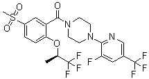 structure of CAS# 845614-12-2, [4-(3-Fluoro-5-trifluoromethylpyridin-2-yl)piperazin-1-yl][5-Methylsulfonyl-2-[((R)-2,2,2-trifluoro-1-methylethyl)oxy]phenyl]methanone