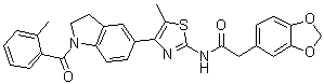 structure of CAS# 846557-71-9, N-[4-[2,3-Dihydro-1-(2-methylbenzoyl)-1H-indol-5-yl]-5-methyl-2-thiazolyl]-1,3-benzodioxole-5-acetamide