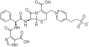 CAS # 84880-03-5, Cefpimizole, (6R,7R)-7-[[(2R)-2-[(5-carboxy-1H-imidazole-4-carbonyl)amino]-2-phenylacetyl]amino]-8-oxo-3-[[4-(2-sulfonatoethyl)pyridin-1-ium-1-yl]methyl]-5-thia-1-azabicyclo[4.2.0]oct-2-ene-2-carboxylic acid