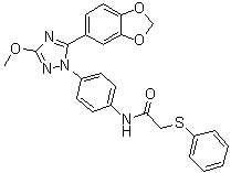 structure of CAS# 853625-60-2, N-[4-[5-(1,3-Benzodioxol-5-yl)-3-methoxy-1H-1,2,4-triazol-1-yl]phenyl]-2-(phenylthio)acetamide