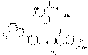CAS 登录号：85392-18-3, 1,1',1''-次氮基三-2-丙醇与2-[4-[[1-[[(2-甲氧基-5-磺基苯基)氨基]羰基]-2-氧代丙基]偶氮]苯基]-6-甲基-7-苯并噻唑磺酸的化合物钠盐