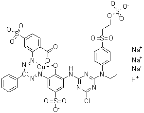 CAS # 86024-59-1, Trisodium hydrogen [2-[[[[3-[[4-chloro-6-[ethyl[4-[[2-(sulfooxy)ethyl]sulfonyl]phenyl]amino]-1,3,5-triazin-2-yl]amino]-2-hydroxy-5-sulfophenyl]azo]phenylmethyl]azo]-4-sulfobenzoato]cuprate