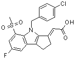 structure of CAS# 866215-99-8, (2E)-[4-[(4-氯苯基)甲基]-7-氟-1,4-二氢-5-(甲基磺酰基)环戊二烯并[b]吲哚-3(2H)-亚基]乙酸