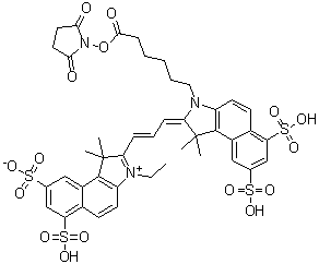 CAS # 871518-83-1, 2-[3-[3-[6-[(2,5-Dioxo-1-pyrrolidinyl)oxy]-6-oxohexyl]-1,3-dihydro-1,1-dimethyl-6,8-disulfo-2H-benz[e]indol-2-ylidene]-1-propen-1-yl]-3-ethyl-1,1-dimethyl-6,8-disulfo-1H-benz[e]indolium inner salt, Cy3.5 NHS Ester