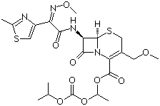 CAS # 87239-81-4, Cefpodoxime proxetil, Vantin, (RS)-1(Isopropoxycarbonyloxy)ethyl (+)-(6R,7R)-7-[2-(2-amino-4-thiazolyl)-2-[(Z)methoxyimino]acetamido]-3-methoxymethyl-8-oxo-5-thia-1-azabicyclo[4.2.0]oct-2-ene-2-carboxylate