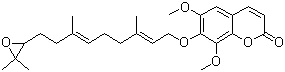 CAS # 87688-13-9, (-)-Epoxyfarnachrol, (E,E)-(-)-7-[[9-(3,3-Dimethyloxiranyl)-3,7-dimethyl-2,6-nonadienyl]oxy]-6,8-dimethoxy-2H-1-benzopyran-2-one