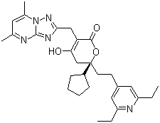 structure of CAS# 877130-28-4, (R)-6-Cyclopentyl-6-[2-(2,6-diethylpyridin-4-yl)ethyl]-3-[(5,7-dimethyl-[1,2,4]triazolo[1,5-a]pyrimidin-2-yl)methyl]-4-hydroxy-5,6-dihydro-2H-pyran-2-one