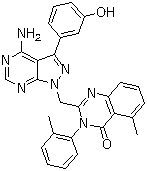 structure of CAS# 900185-02-6, 2-[[4-Amino-3-(3-hydroxyphenyl)-1H-pyrazolo[3,4-d]pyrimidin-1-yl]methyl]-5-methyl-3-(2-methylphenyl)-4(3H)-quinazolinone