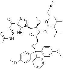 CAS 登录号：909033-40-5, N-乙酰基-5'-O-(4,4-二甲氧基三苯甲基)-2'-O-甲基鸟苷-3'-(2-氰基乙基-N,N-二异丙基)亚磷酰胺