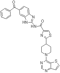 structure of CAS# 913822-46-5, N-(6-苯甲酰基-1H-苯并咪唑-2-基)-2-(1-噻吩并[3,2-d]嘧啶-4-基-4-哌啶基)-4-噻唑甲酰胺