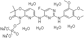 structure of CAS# 914295-16-2, 6-[[5-氟-2-[(3,4,5-三甲氧基苯基)氨基]-4-嘧啶基]氨基]-2,2-二甲基-4-[(磷酰氧)甲基]-2H-吡啶并[3,2-b]-1,4-恶嗪-3(4H)-酮二钠盐六水合物