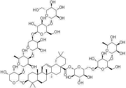 CAS # 916649-92-8, Clematiunicinoside E, (3beta)-3-[(O-beta-D-Glucopyranosyl-(1→4)-O-beta-D-glucopyranosyl-(1→4)-O-beta-D-ribopyranosyl-(1→3)-O-6-deoxy-alpha-L-mannopyranosyl-(1→2)-alpha-L-arabinopyranosyl)oxy]-olean-12-en-28-oic acid O-6-deoxy-alpha-L-mannopyranosyl-(1→4)-O-beta-D-glucopyranosyl-(1→6)-beta-D-glucopyranosyl ester, Clematomandshurica saponin C