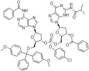 CAS # 93778-55-3, N-Benzoyl-5'-O-[bis(4-methoxyphenyl)phenylmethyl]-P-(4-chlorophenyl)-2'-deoxyadenylyl-(3'→5')-2'-deoxy-N-(2-methyl-1-oxopropyl)guanosine 3'-benzoate