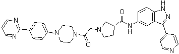 CAS # 942183-80-4, (3R)-1-[2-Oxo-2-[4-[4-(2-pyrimidinyl)phenyl]-1-piperazinyl]ethyl]-N-[3-(4-pyridinyl)-1H-indazol-5-yl]-3-pyrrolidinecarboxamide, SCH772984