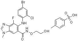 CAS # 942275-12-9, AZD 6244 4-methylbenzenesulfonate, 5-[(4-Bromo-2-chlorophenyl)amino]-4-fluoro-N-(2-hydroxyethoxy)-1-methyl-1H-benzimidazole-6-carboxamide 4-methylbenzenesulfonate
