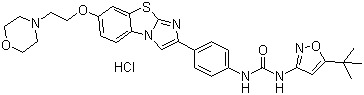 CAS # 950769-62-7, N-[5-(1,1-Dimethylethyl)-3-isoxazolyl]-N'-[4-[7-[2-(4-morpholinyl)ethoxy]imidazo[2,1-b]benzothiazol-2-yl]phenyl]urea hydrochloride