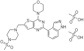 CAS # 957054-33-0, 2-(1H-Indazol-4-yl)-6-[[4-(methylsulfonyl)-1-piperazinyl]methyl]-4-(4-morpholinyl)thieno[3,2-d]pyrimidine methanesulfonate (1:2)