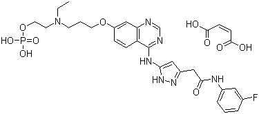 structure of CAS# 957104-91-5, 5-[[7-[3-[Ethyl[2-(phosphonooxy)ethyl]amino]propoxy]-4-quinazolinyl]amino]-N-(3-fluorophenyl)-1H-pyrazole-3-acetamide (2Z)-2-butenedioate (1:1)
