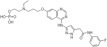 CAS # 957881-03-7, 3-[[7-[3-[Ethyl[2-(phosphonooxy)ethyl]amino]propoxy]-4-quinazolinyl]amino]-N-(3-fluorophenyl)-1H-pyrazole-5-acetamide