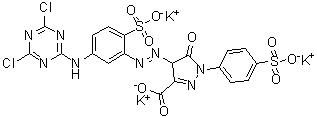 CAS # 97404-00-7, 4-[[5-[(4,6-Dichloro-1,3,5-triazin-2-yl)amino]-2-sulfophenyl]azo]-4,5-dihydro-5-oxo-1-(4-sulfophenyl)-1H-pyrazole-3-carboxylic acid tripotassium salt