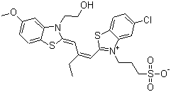 CAS # 97558-30-0, Red sensitizing dye SR9#, 5-Chloro-2-[2-[[3-(2-hydroxyethyl)-5-methoxy-2(3H)-benzothiazolylidene]methyl]-1-buten-1-yl]-3-(3-sulfopropyl)-benzothiazolium inner salt