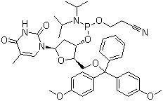 structure of CAS# 98796-51-1, 5'-Dimethoxytrityl-3'-deoxythymidine 2'-[(2-cyanoethyl)-(N,N-diisopropyl)]-phosphoramidite